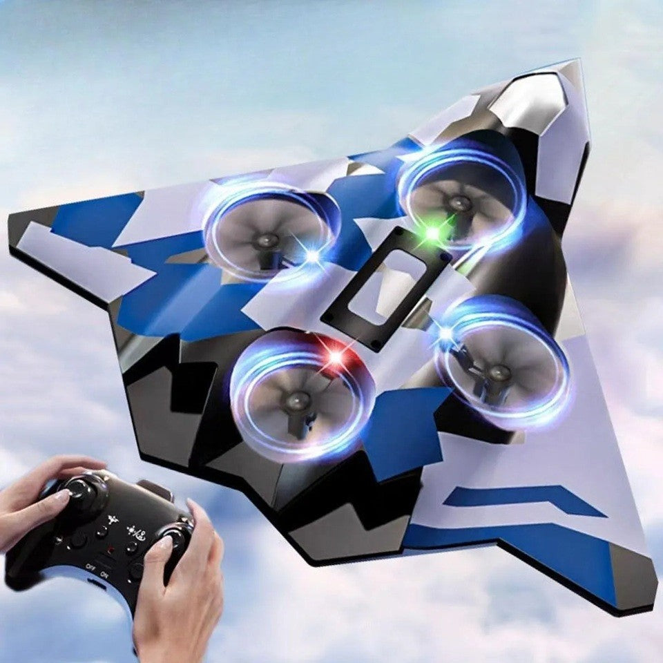 Avion de Lupta cu Telecomanda, Tip Drona, din EVA (Spuma), cu Telecomanda, Incarcare USB, 2.4 GHz, Rotire 360°, Zbor pana la 100 m, LED, 24 x 25.5 x 4.2 cm, Model Army, Albastru