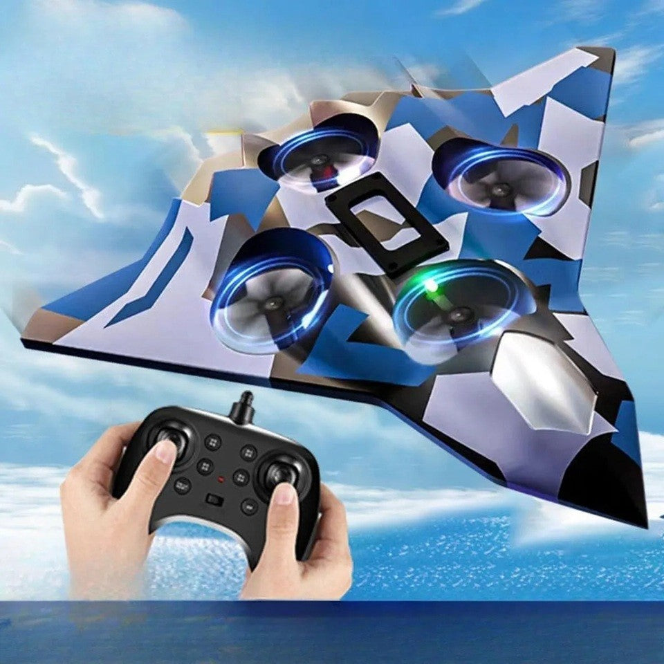 Avion de Lupta cu Telecomanda, Tip Drona, din EVA (Spuma), cu Telecomanda, Incarcare USB, 2.4 GHz, Rotire 360°, Zbor pana la 100 m, LED, 24 x 25.5 x 4.2 cm, Model Army, Albastru