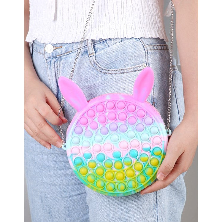 Jucarie antistres din silicon, Geanta Pop It, 16 cm, Iepuras, Macarons