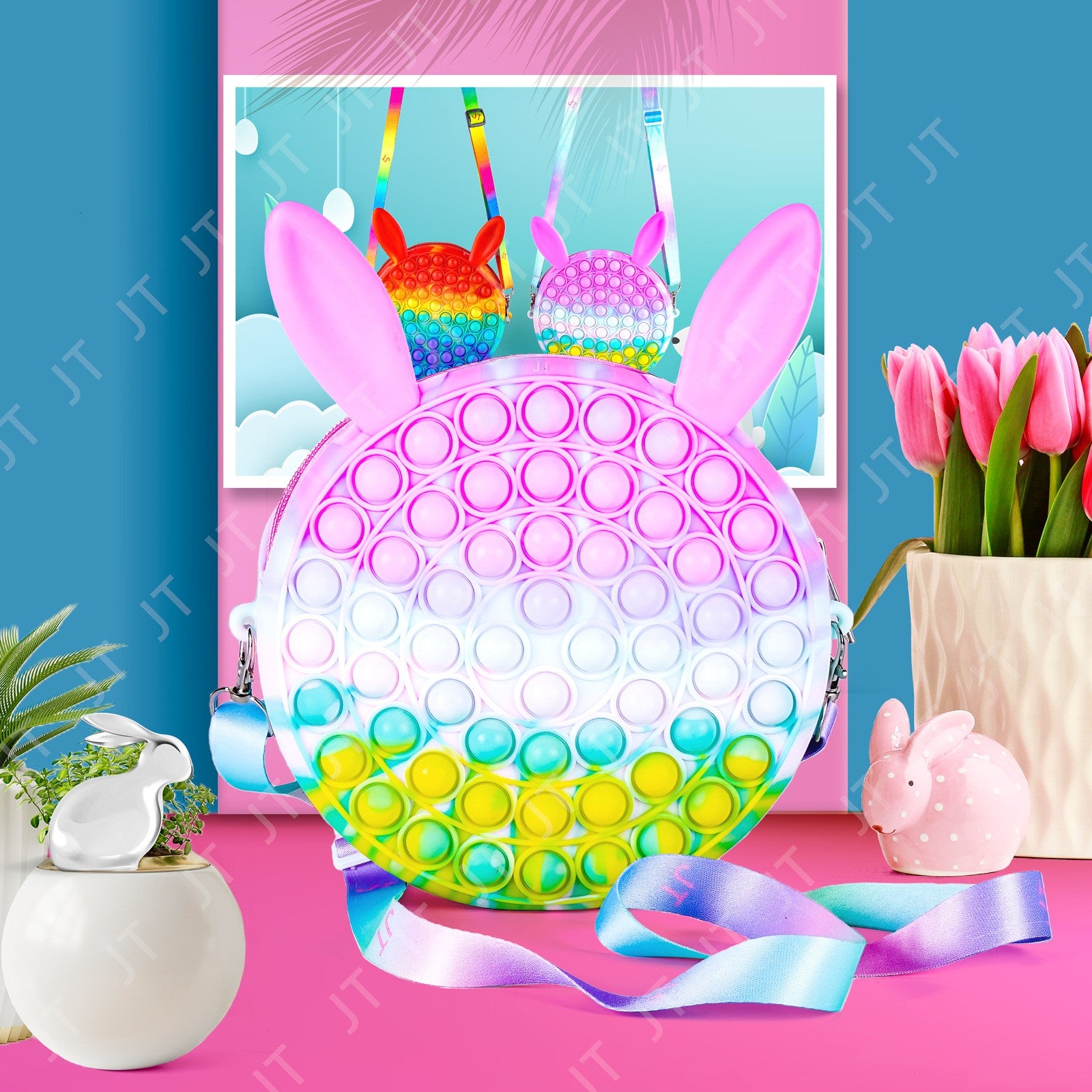 Jucarie antistres din silicon, Geanta Pop It, 16 cm, Iepuras, Macarons
