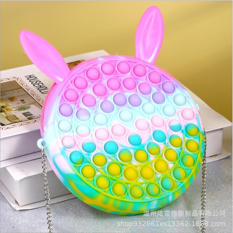 Jucarie antistres din silicon, Geanta Pop It, 16 cm, Iepuras, Macarons