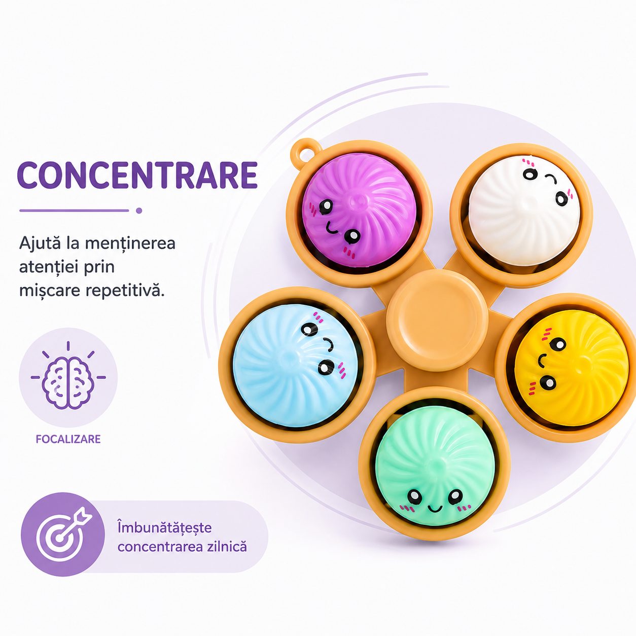 Jucarie Antistres Fidget Spinner, Model Dumpling, 5 Elemente Rotative, Design Kawaii, Rotire Manuala, Relaxare si Joaca, Multicolor