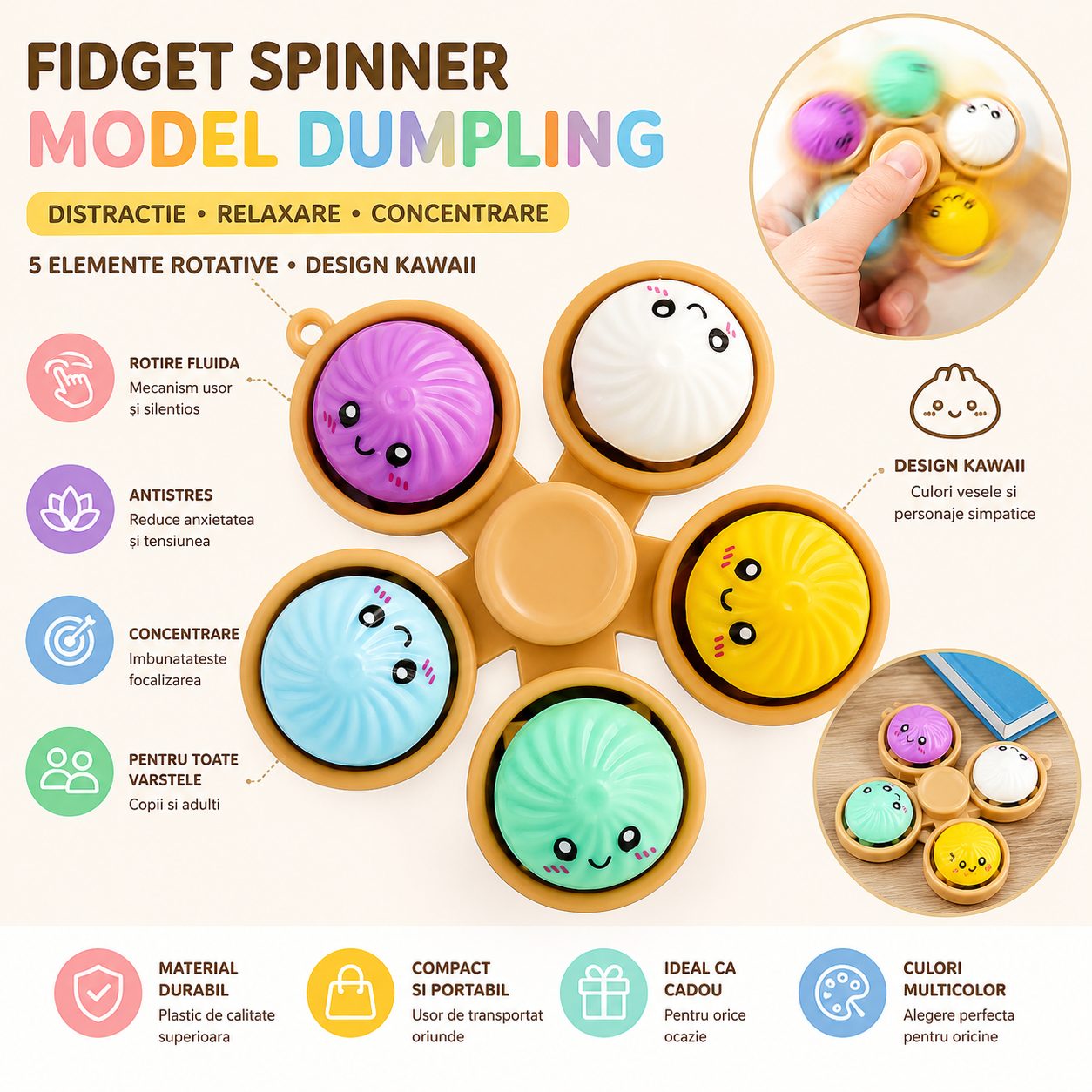 Jucarie Antistres Fidget Spinner, Model Dumpling, 5 Elemente Rotative, Design Kawaii, Rotire Manuala, Relaxare si Joaca, Multicolor