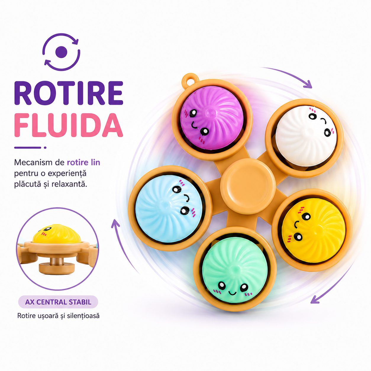 Jucarie Antistres Fidget Spinner, Model Dumpling, 5 Elemente Rotative, Design Kawaii, Rotire Manuala, Relaxare si Joaca, Multicolor