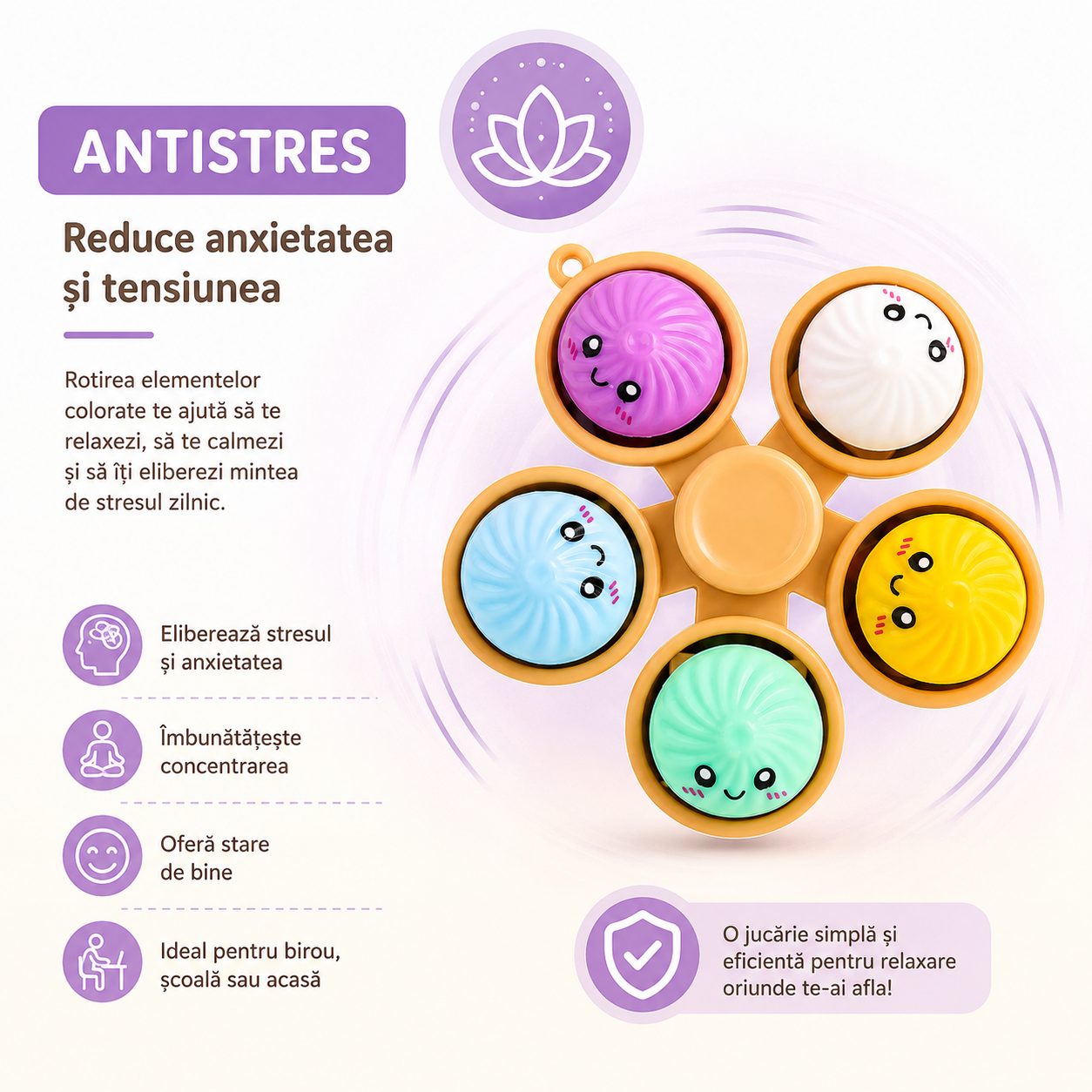 Jucarie Antistres Fidget Spinner, Model Dumpling, 5 Elemente Rotative, Design Kawaii, Rotire Manuala, Relaxare si Joaca, Multicolor