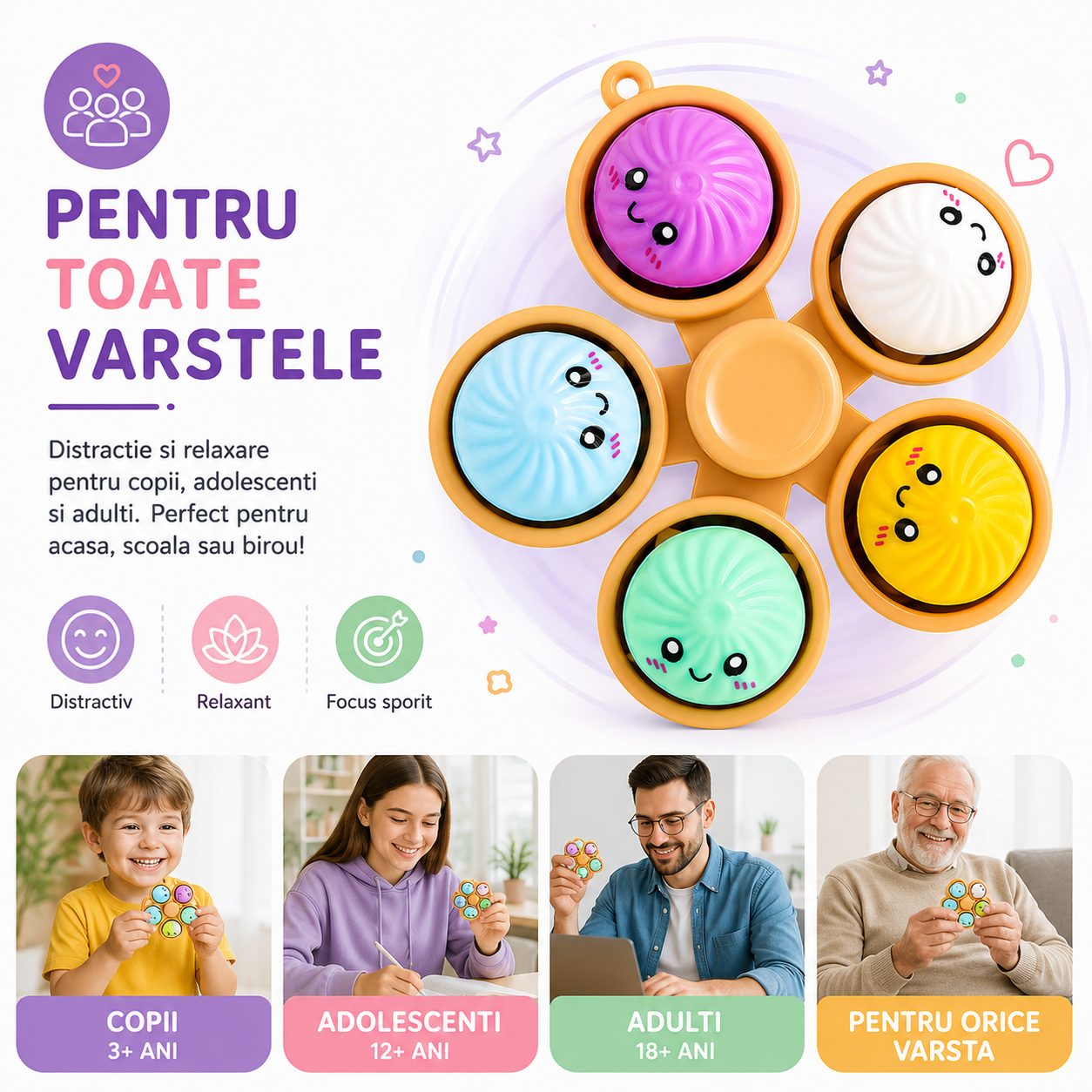 Jucarie Antistres Fidget Spinner, Model Dumpling, 5 Elemente Rotative, Design Kawaii, Rotire Manuala, Relaxare si Joaca, Multicolor