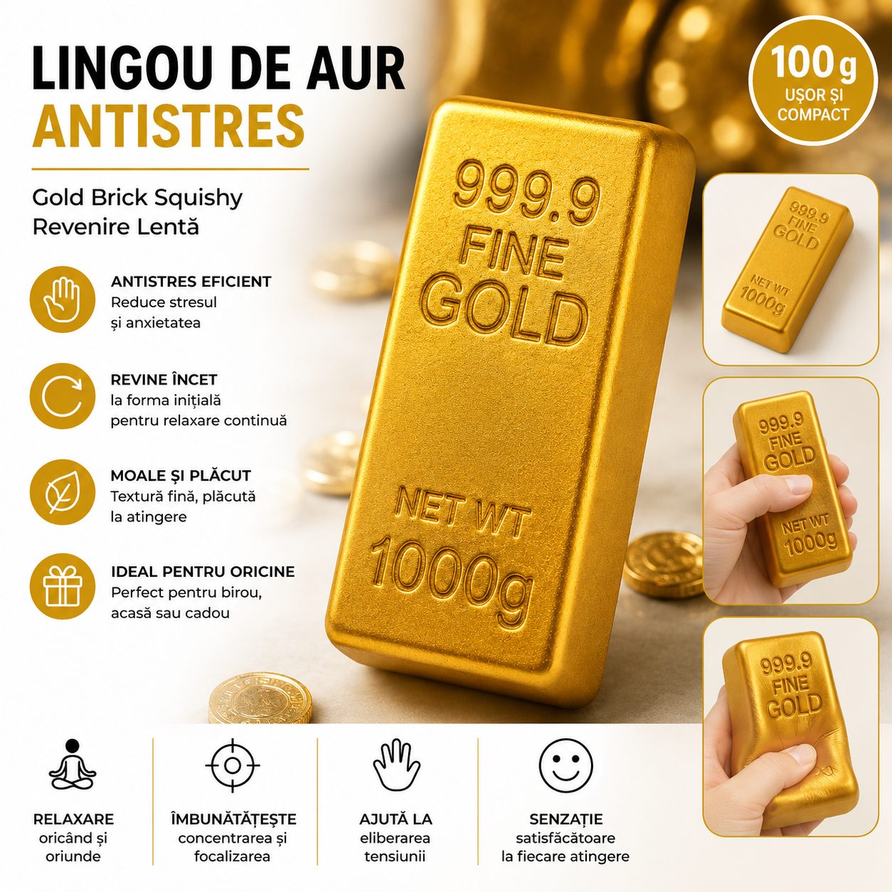 Jucarie Antistres Lingou de Aur, Gold Brick Squishy, Revenire Lenta, 100 g, Auriu