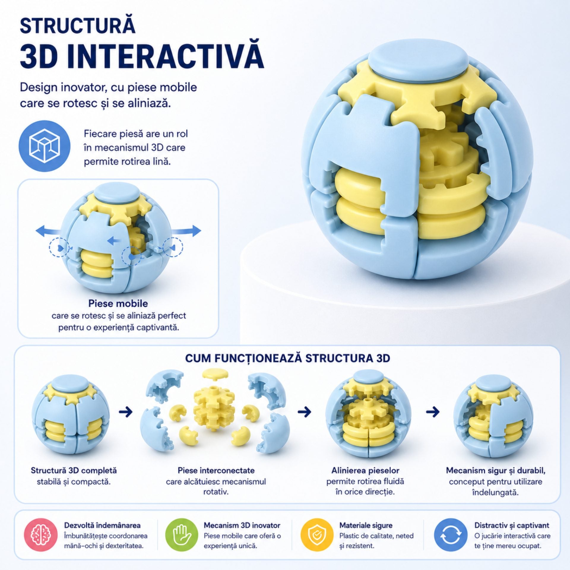 Jucarie Antistres Rotativa, Model Minge Push and Spin, Rotire Manuala, Structura 3D Interactiva, Relaxare si Indemanare, 6.3 cm, Albastru dechis