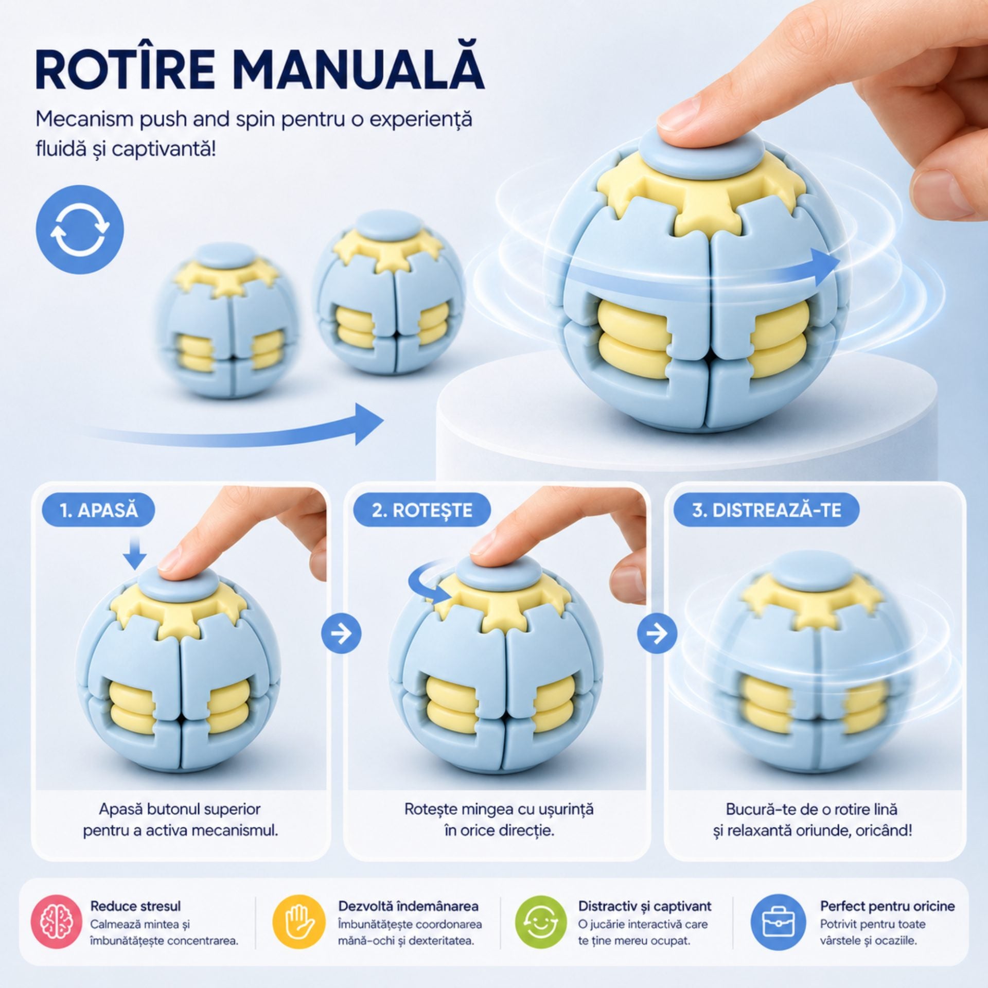 Jucarie Antistres Rotativa, Model Minge Push and Spin, Rotire Manuala, Structura 3D Interactiva, Relaxare si Indemanare, 6.3 cm, Albastru dechis