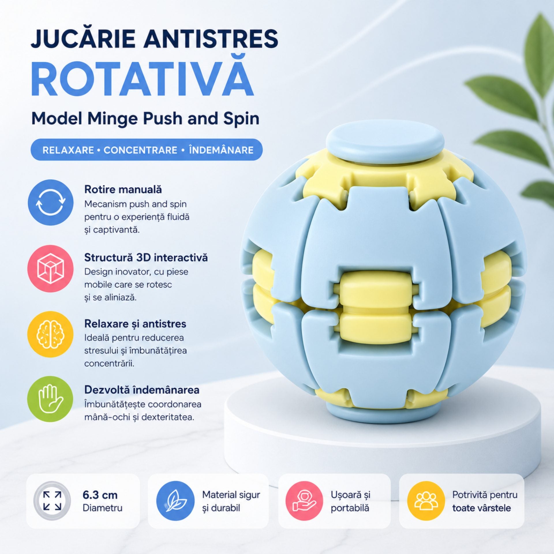 Jucarie Antistres Rotativa, Model Minge Push and Spin, Rotire Manuala, Structura 3D Interactiva, Relaxare si Indemanare, 6.3 cm, Albastru dechis