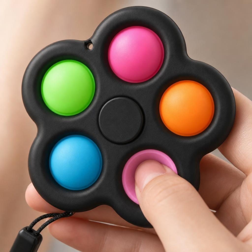 Jucarie Senzoriala Antistres Tip Spinner, Model Simple Dimple, cu 5 Bule Pop It, cu Snur de Prindere, pentru Relaxare si Stimulare Senzoriala, Multicolor