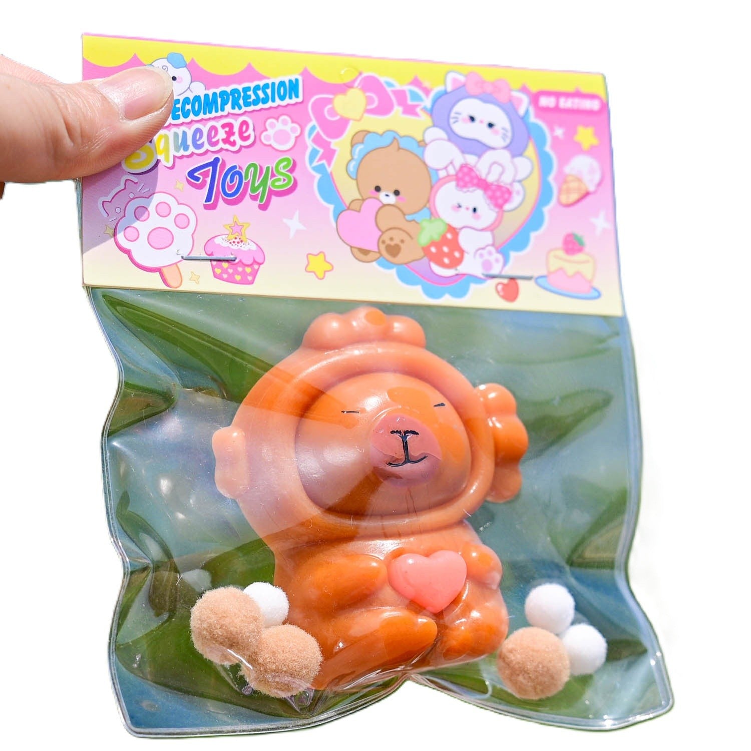 Jucarie Antistres Squishy, cu Revenire Lenta, Model Capybara cu Inima, 7.5cmx6.5 cm, din TPR, Ambalaj Transparent, Maro