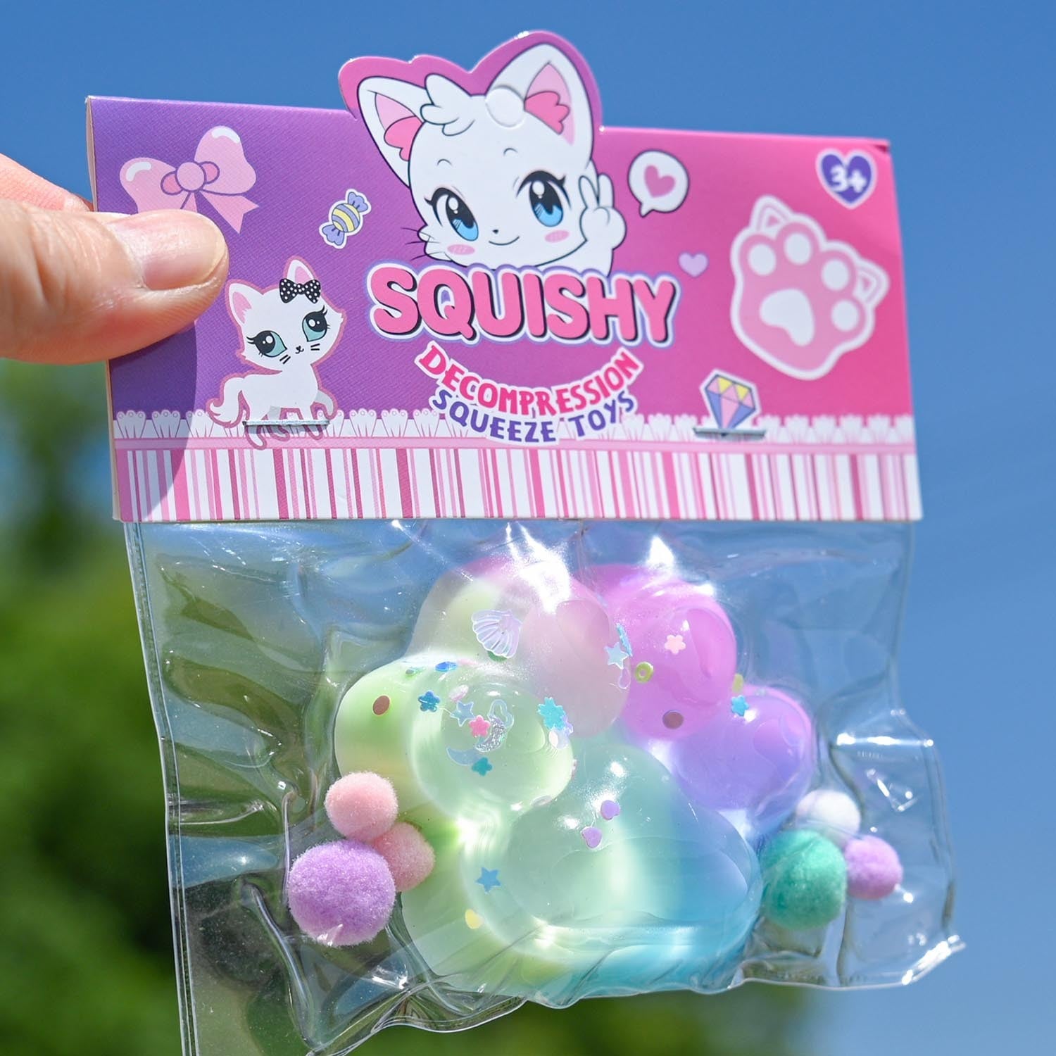 Jucarie Antistres Squishy, cu Revenire Lenta, Labuta de Pisica Pufoasa, 7.5 cm, Ambalaj Transparent, Model 27054, Multicolor