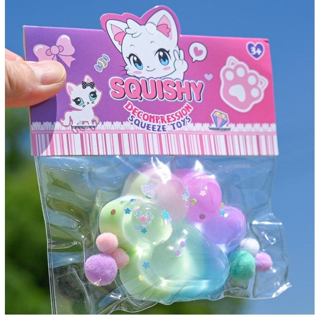 Jucarie Antistres Squishy, cu Revenire Lenta, Labuta de Pisica Pufoasa, 7.5 cm, Ambalaj Transparent, Model 27054, Multicolor