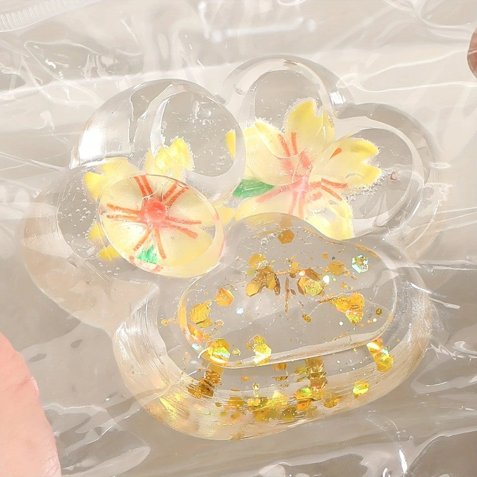 Jucarie Antistres Squishy, Labuta de Pisica Pufoasa, cu Revenire Lenta, 7 x 6.5 cm, Model Flori 2, Transparent