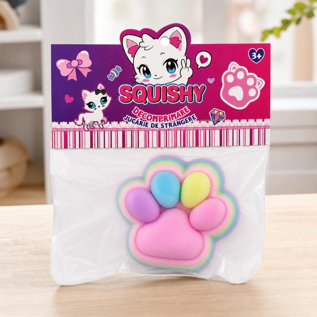 Jucarie Antistres Squishy, cu Revenire Lenta, Labuta de Pisica Pufoasa, 7.5 cm, Ambalaj Transparent, Model 27053, Multicolor