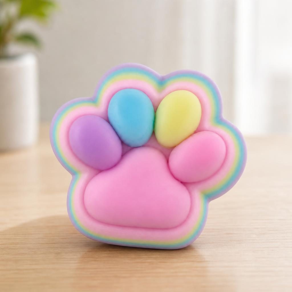 Jucarie Antistres Squishy, cu Revenire Lenta, Labuta de Pisica Pufoasa, 7.5 cm, Ambalaj Transparent, Model 27053, Multicolor