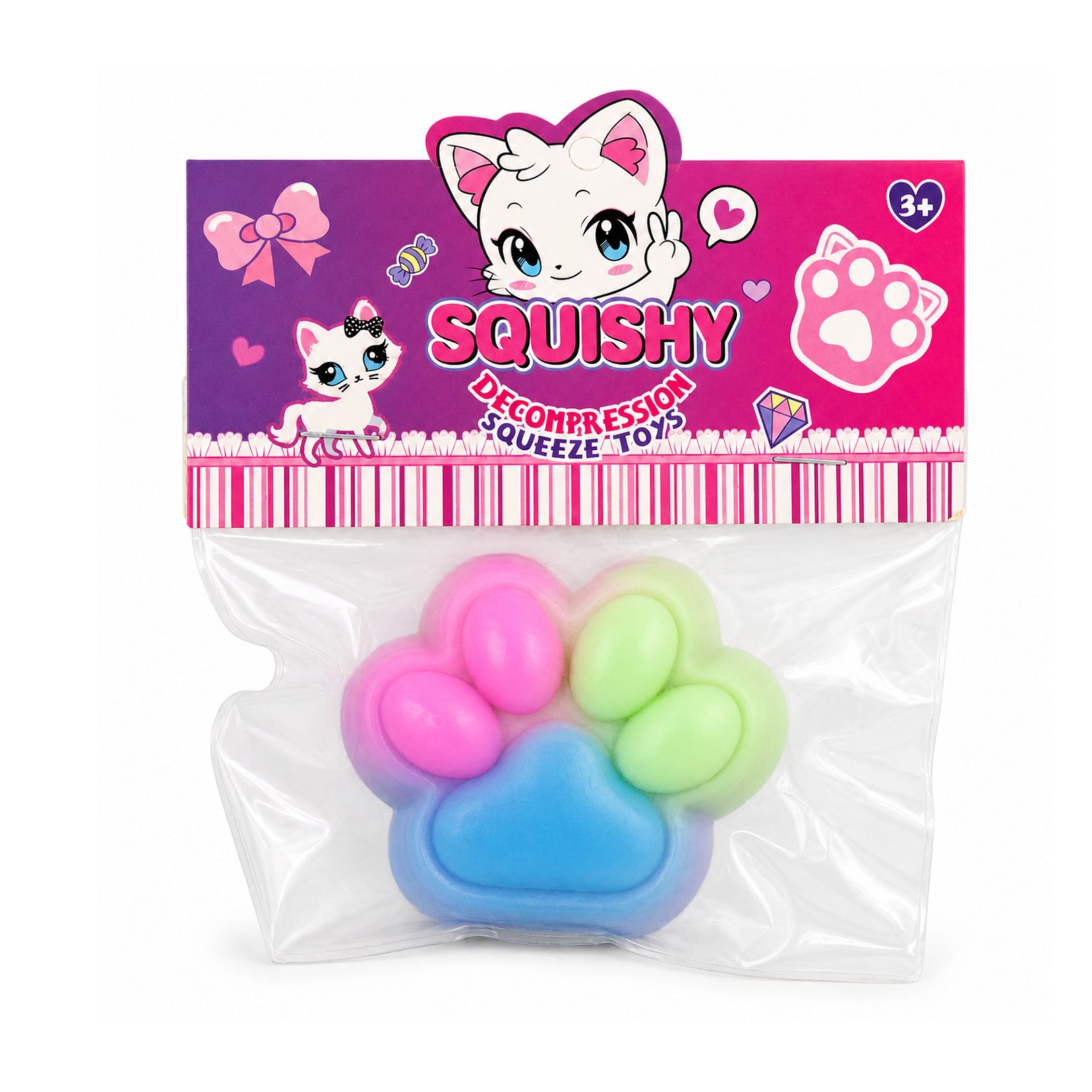 Jucarie Antistres Squishy, cu Revenire Lenta, Labuta de Pisica Pufoasa, 7.5 cm, Ambalaj Transparent, Model 27057, Multicolor