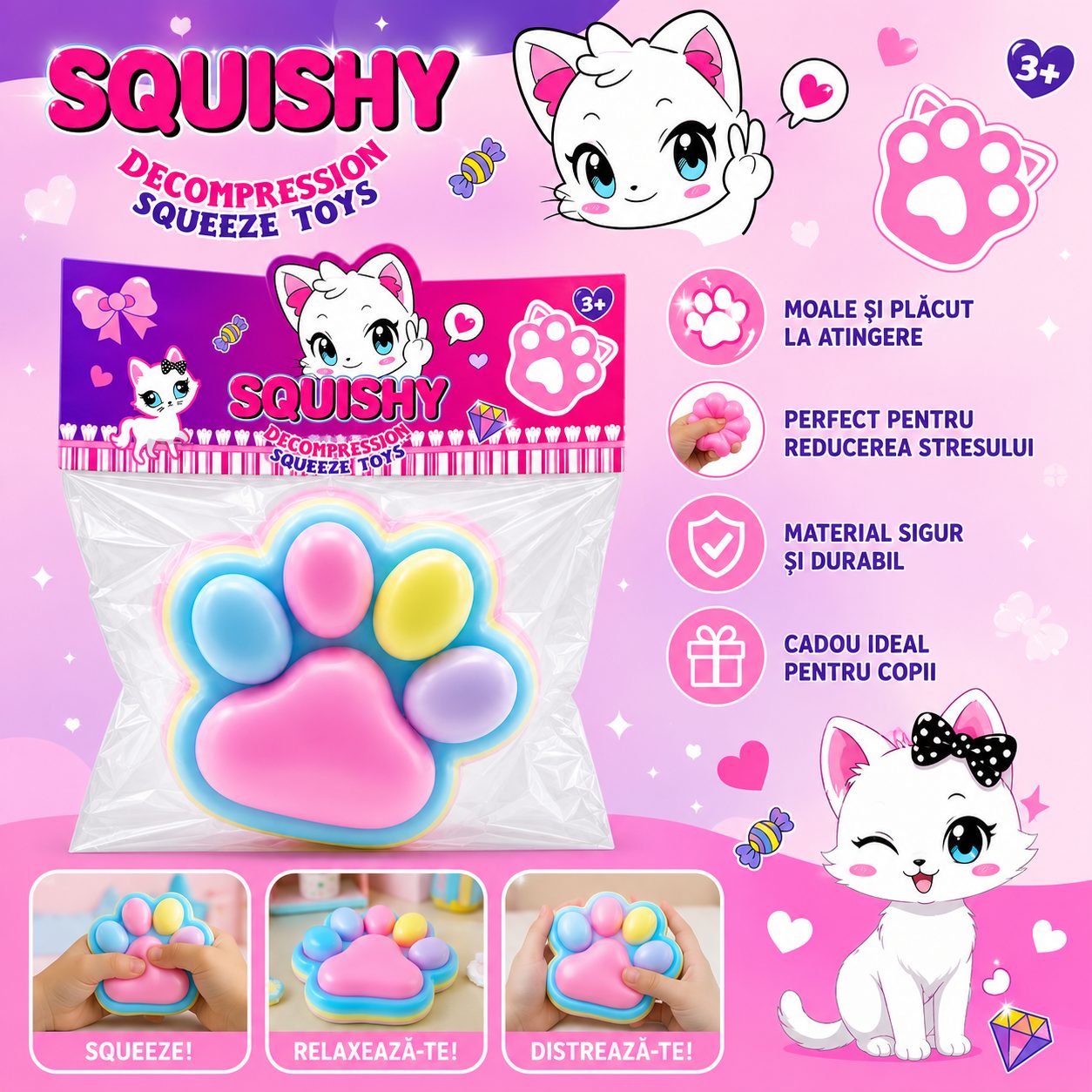 Jucarie Antistres Squishy, cu Revenire Lenta, Labuta de Pisica Pufoasa, 8.5 x 7.5 cm, Ambalaj Transparent, Multicolor