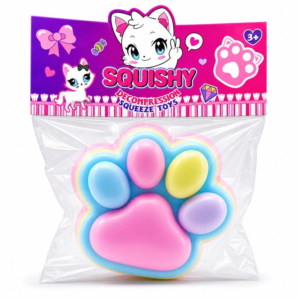 Jucarie Antistres Squishy, cu Revenire Lenta, Labuta de Pisica Pufoasa, 8.5 x 7.5 cm, Ambalaj Transparent, Multicolor