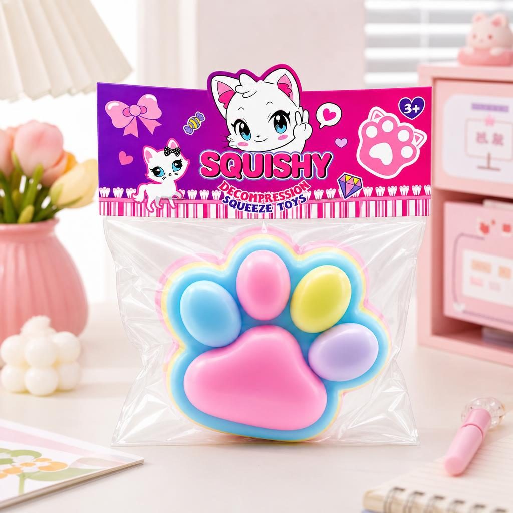 Jucarie Antistres Squishy, cu Revenire Lenta, Labuta de Pisica Pufoasa, 8.5 x 7.5 cm, Ambalaj Transparent, Multicolor