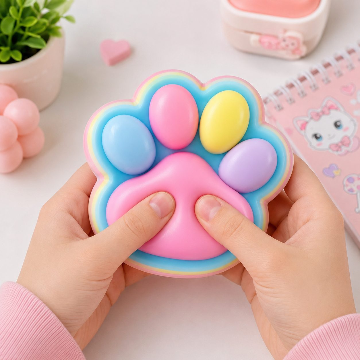 Jucarie Antistres Squishy, cu Revenire Lenta, Labuta de Pisica Pufoasa, 8.5 x 7.5 cm, Ambalaj Transparent, Multicolor