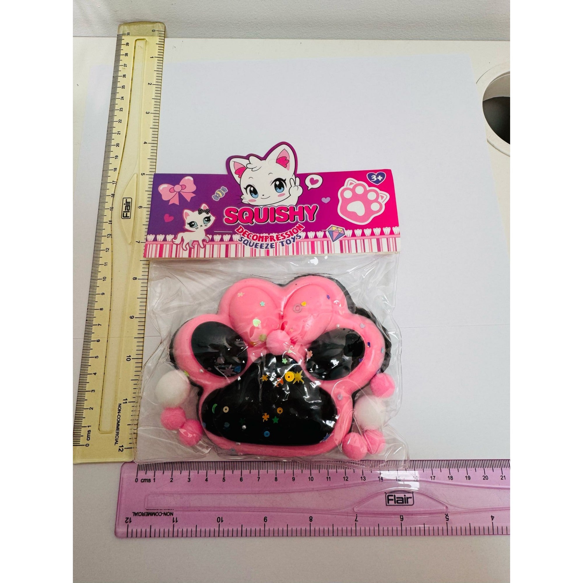 Jucarie Antistres Squishy, cu Revenire Lenta, Model Labuta de Pisica, cu Stelute, 12 cm, 220g, Pinch Family, Ambalaj Transparent, Roz Negru