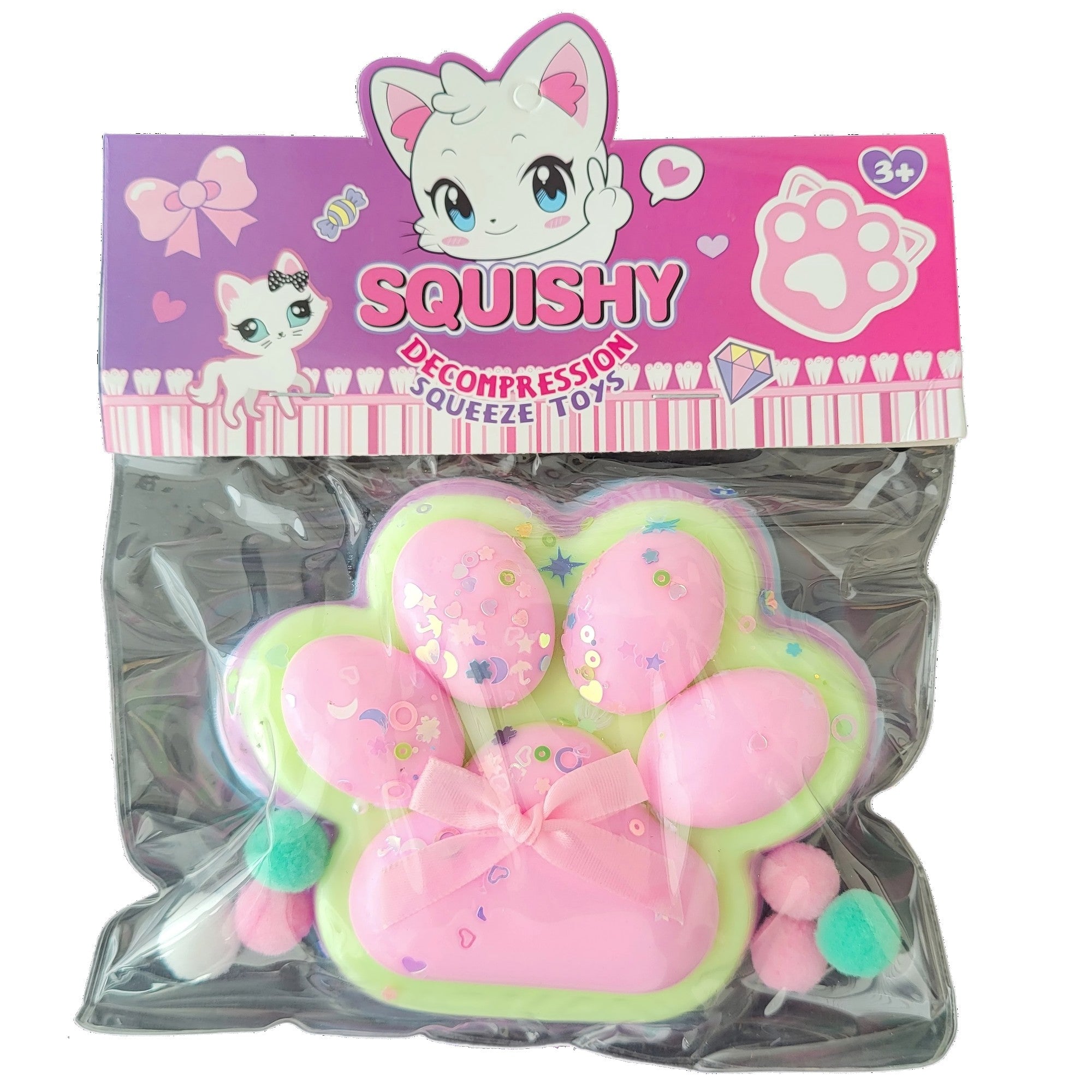 Jucarie Antistres Squishy, cu Revenire Lenta, Model Labuta de Pisica Pufoasa, 12.5x10.5 cm, 200g, Squeeze Pinch Family, Ambalaj Transparent, Roz Curcubeu