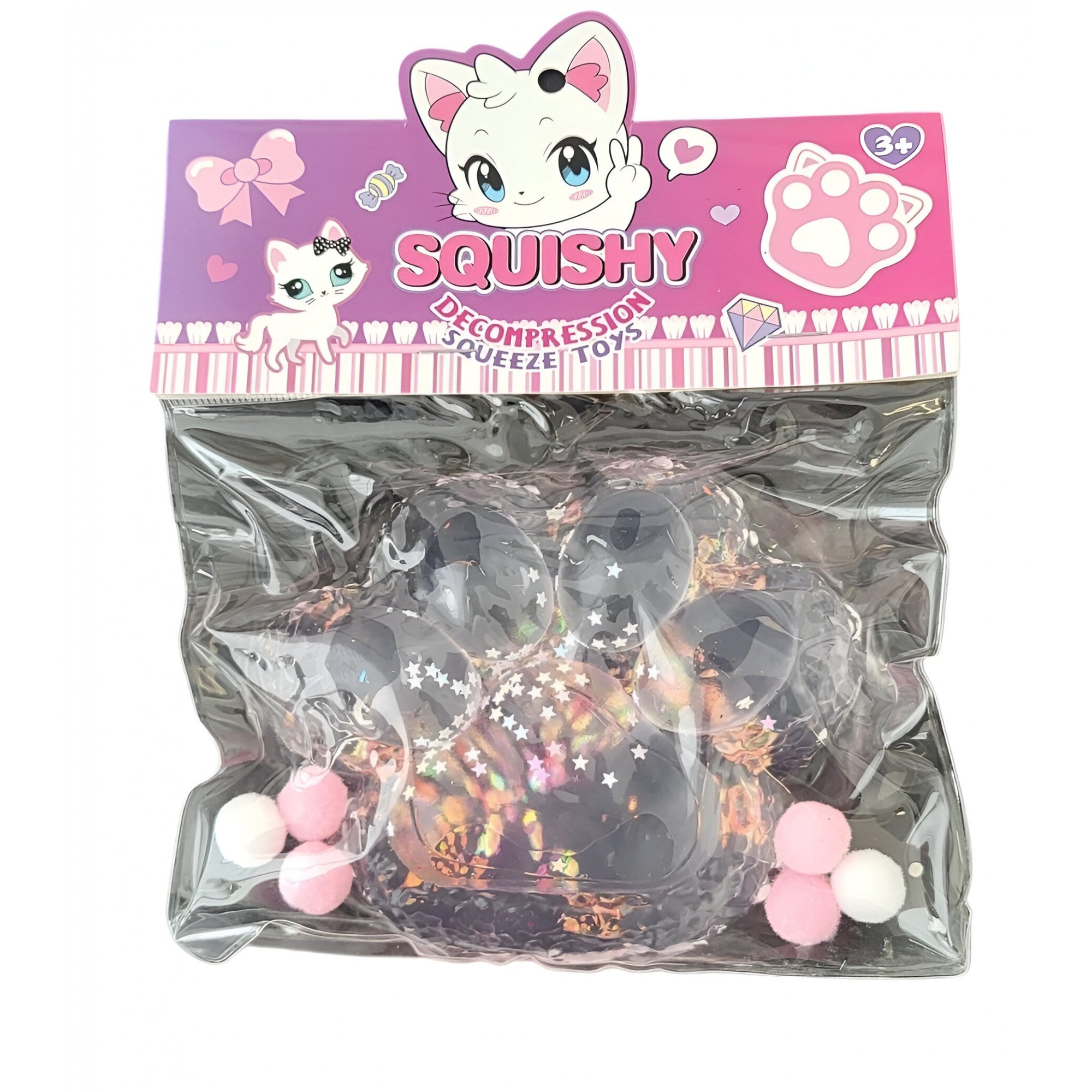 Jucarie Antistres Squishy, Flippy, cu Revenire Lenta, Model Labuta de Pisica Pufoasa, 12.5x10.5 cm, 220g, Squeeze Pinch Family, Roz transparent