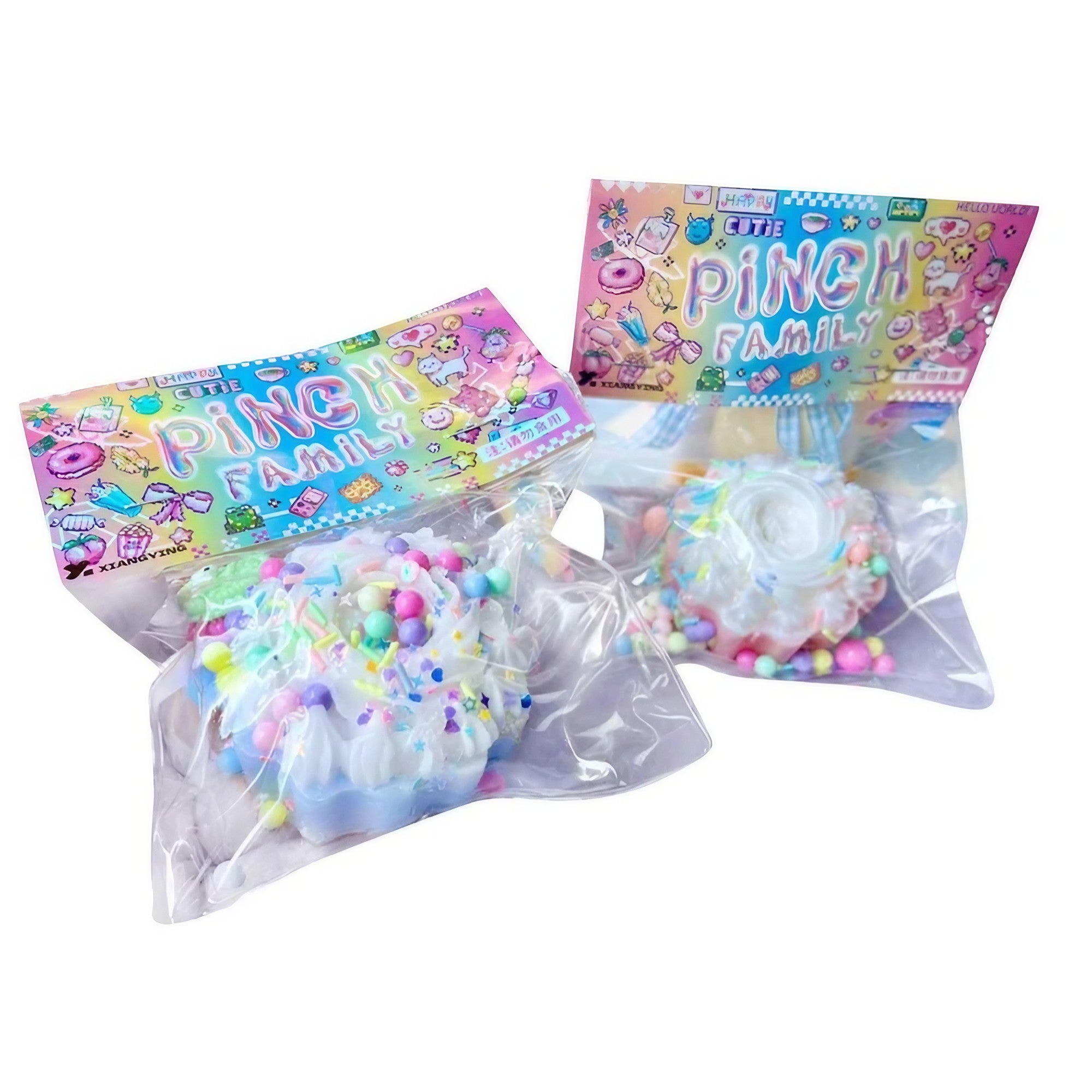Jucarie Antistres Squishy, cu Revenire Lenta, Squeeze Pinch Family, Model Prajitura, 8x8 cm, 90g, Ambalaj Transparent, Multicolor