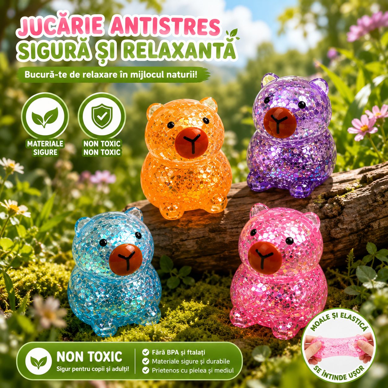 Jucarie Antistres Squishy, Model Capybara cu Sclipici, Textura Moale, 3.5 x 3.6 x 4.5 cm, Multicolor