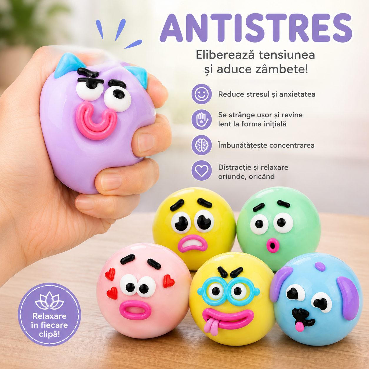 Jucarie Antistres Squishy, Model Fete Amuzante, Forma Rotunda, Moale si Compresibila, pentru Relaxare si Joaca Senzoriala, Culoare Aleatorie