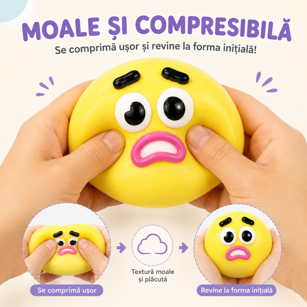 Jucarie Antistres Squishy, Model Fete Amuzante, Forma Rotunda, Moale si Compresibila, pentru Relaxare si Joaca Senzoriala, Culoare Aleatorie