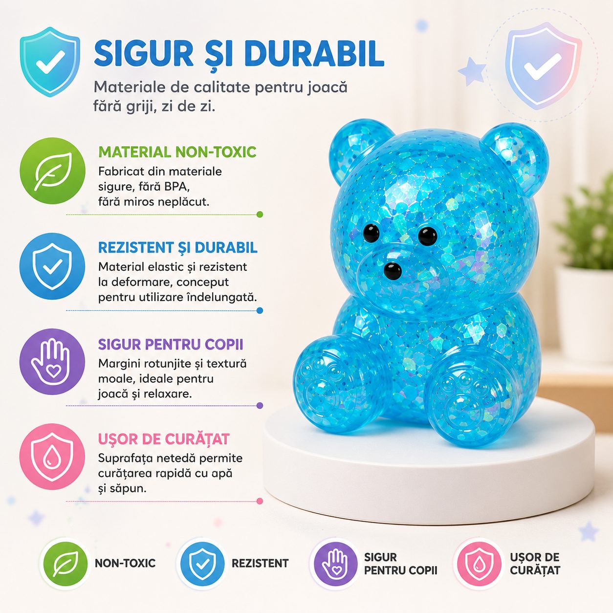Jucarie Antistres Squishy, Model Ursulet, Transparenta cu Paiete Decorative, Moale si Compresibila, pentru Relaxare si Joaca Senzoriala, Culoare Aleatorie