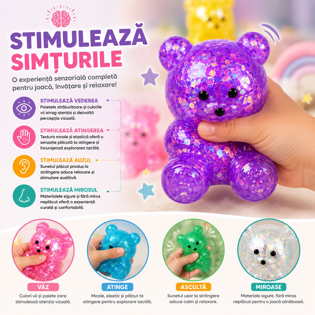Jucarie Antistres Squishy, Model Ursulet, Transparenta cu Paiete Decorative, Moale si Compresibila, pentru Relaxare si Joaca Senzoriala, Culoare Aleatorie