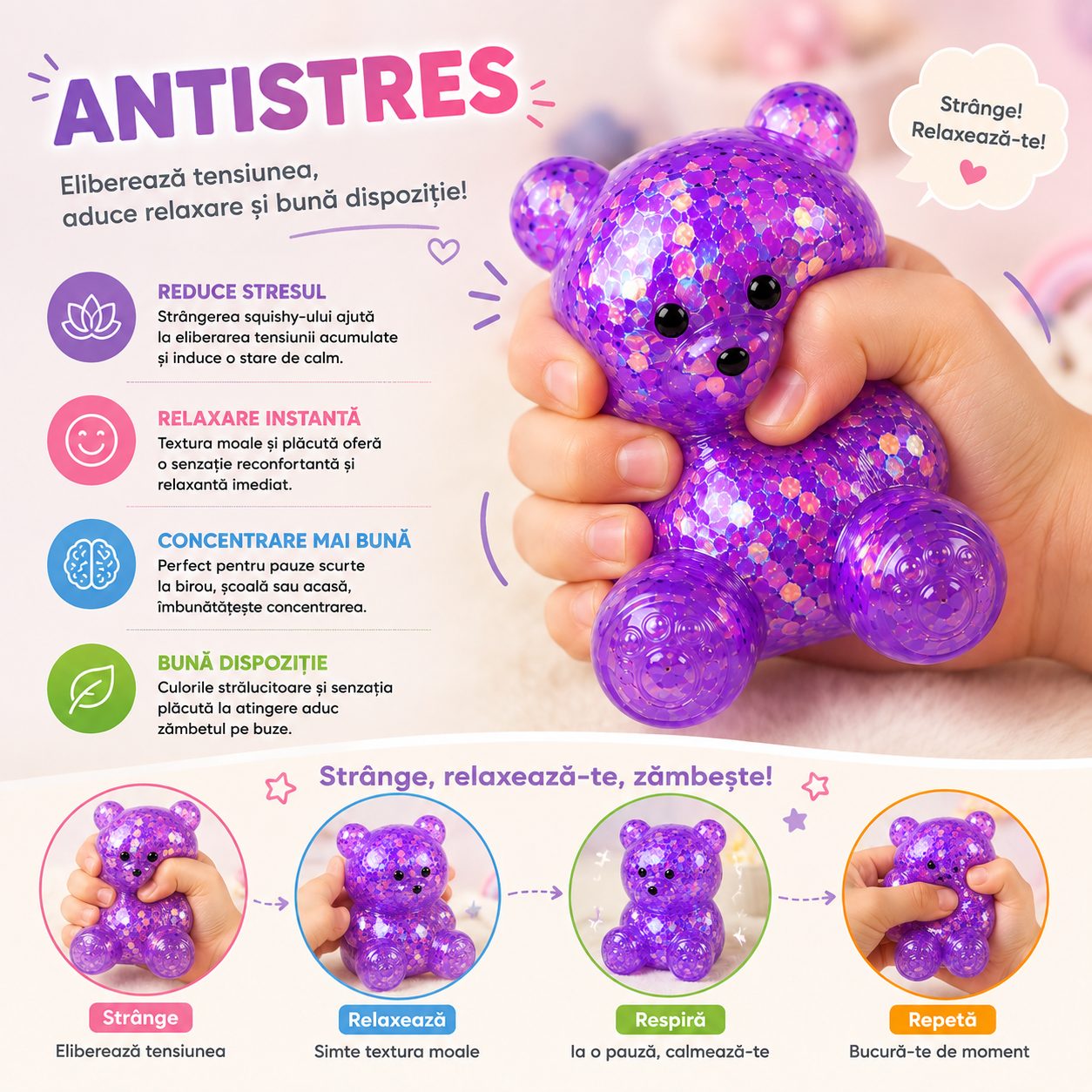 Jucarie Antistres Squishy, Model Ursulet, Transparenta cu Paiete Decorative, Moale si Compresibila, pentru Relaxare si Joaca Senzoriala, Culoare Aleatorie