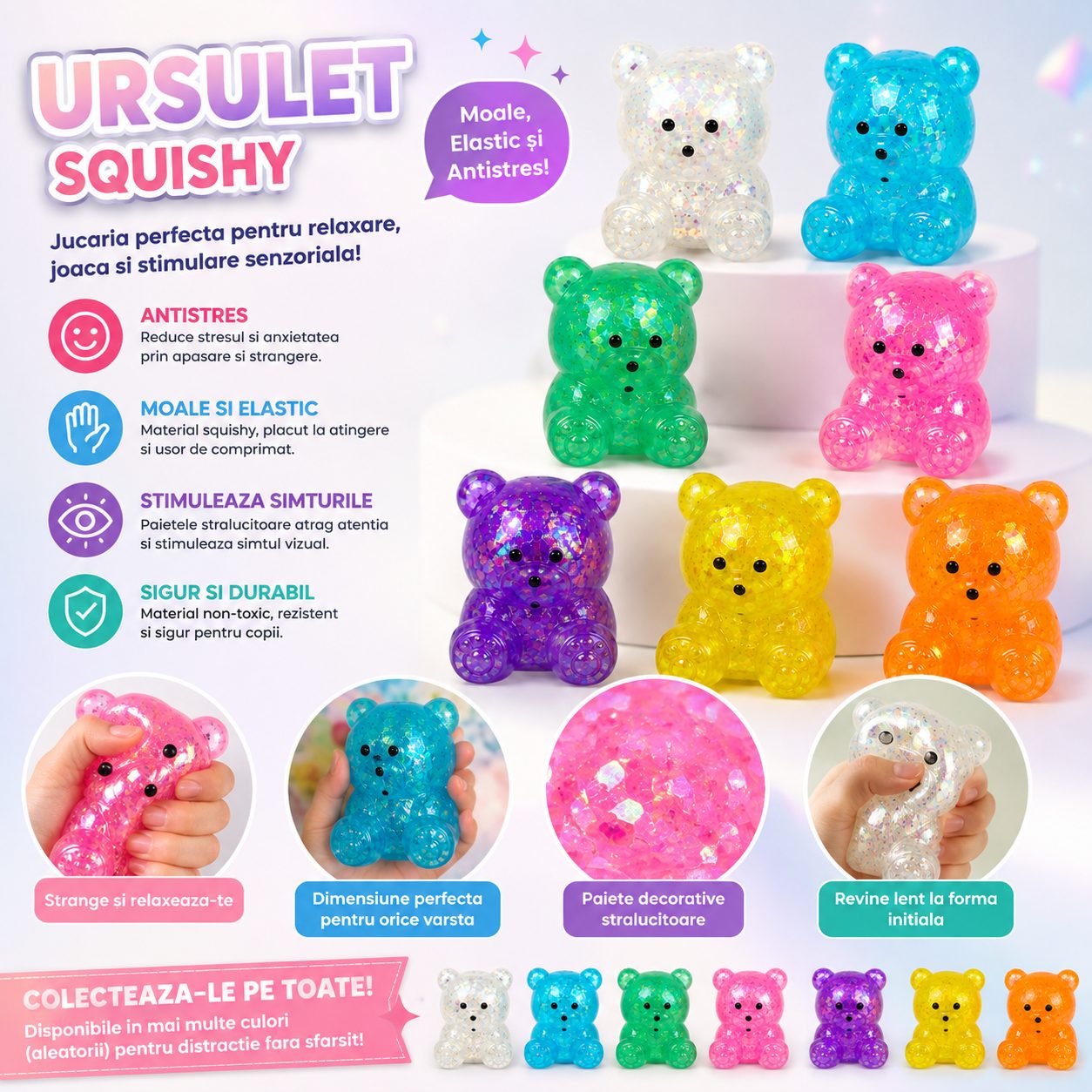 Jucarie Antistres Squishy, Model Ursulet, Transparenta cu Paiete Decorative, Moale si Compresibila, pentru Relaxare si Joaca Senzoriala, Culoare Aleatorie