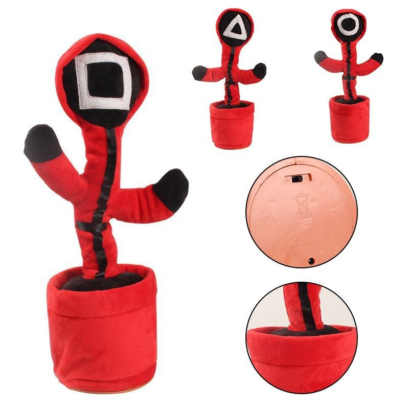 Jucarie cactus Squid Game pentru copii, imita, canta, danseaza, 32 cm, rosu/negru, triunghi