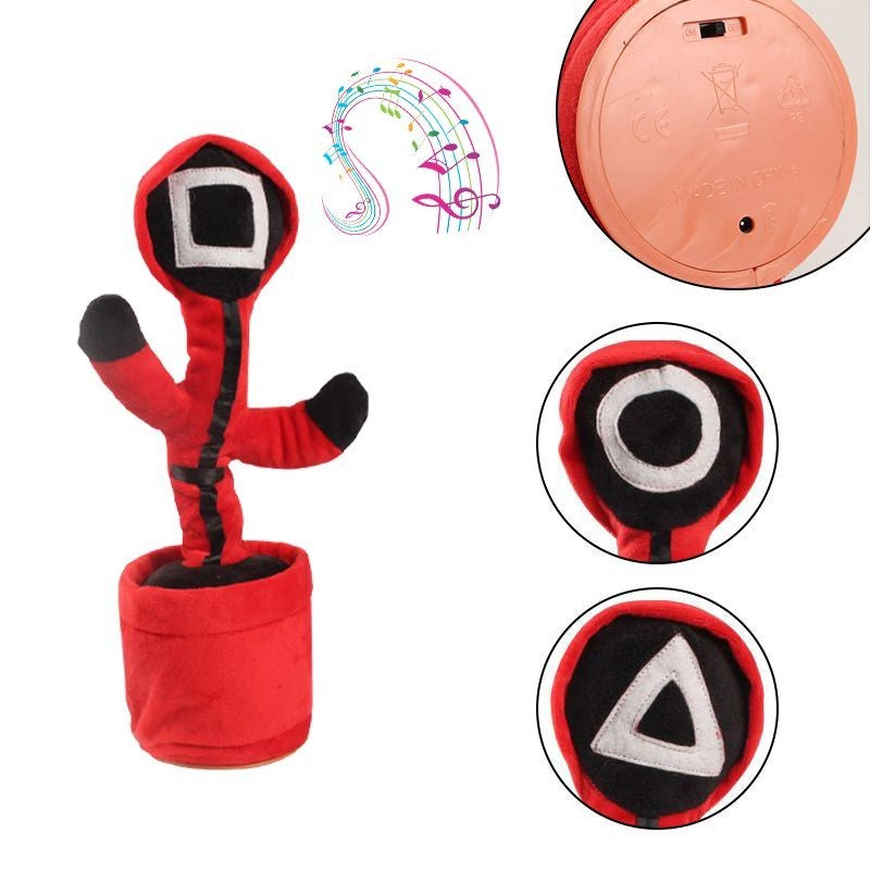 Jucarie cactus Squid Game pentru copii, imita, canta, danseaza, 32 cm, rosu/negru, triunghi