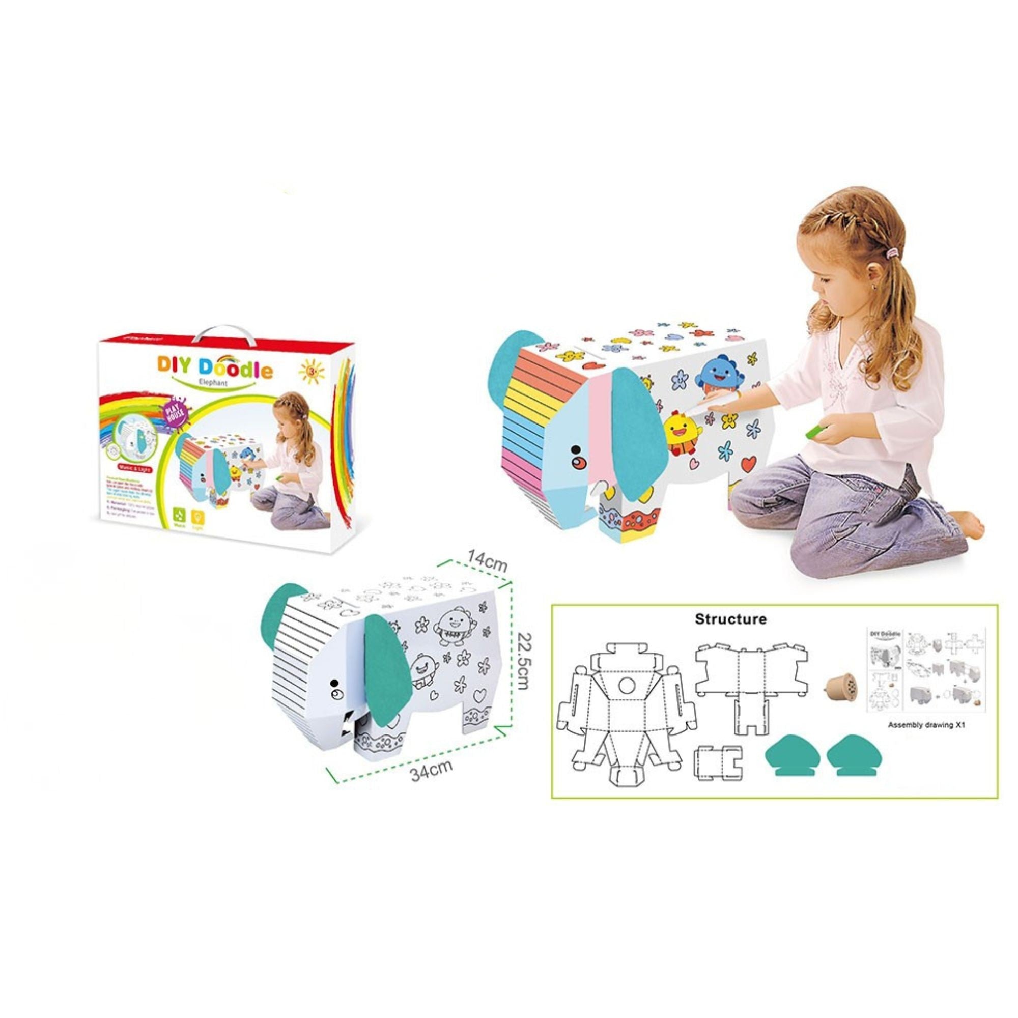 Jucarie Creativa pentru Copii, Model Elefant 3D, Set de Asamblat si Colorat din Carton, Puzzle 3D Educativ, 34 x 14 x 23 cm, 3+ ani, Multicolor