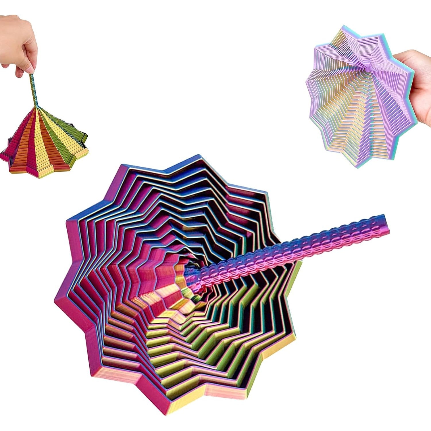 Jucarie Decompresie, Model Stea 3D, DuoChrome, Maner Spirala, Turn Magic Geometric, Multiple Forme, Anti-stress, 8.6 cm, Albastru/Verde/Rosu