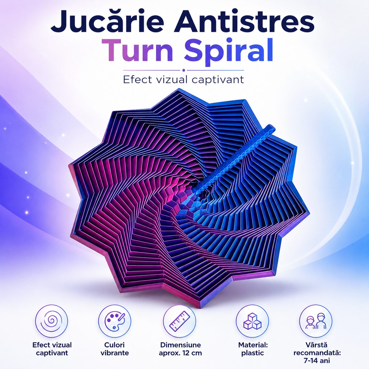 Jucarie Decompresie, Model Stea 3D, DuoChrome, Maner Spirala, Turn Magic Geometric, Multiple Forme, Anti-stress, 8.6 cm, Albastru/Violet