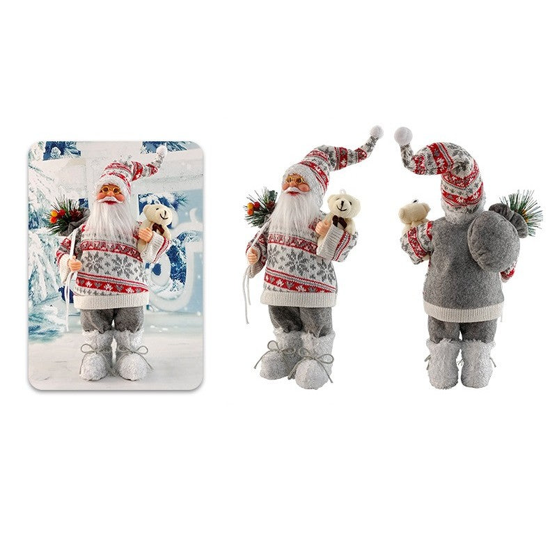 Figurina Decorativa Craciun, Mos Craciun cu Flori si Urs, 30 x 17 x 10 cm, Material Plastic+Textil, Interior/Exterior, Rosu/Gri