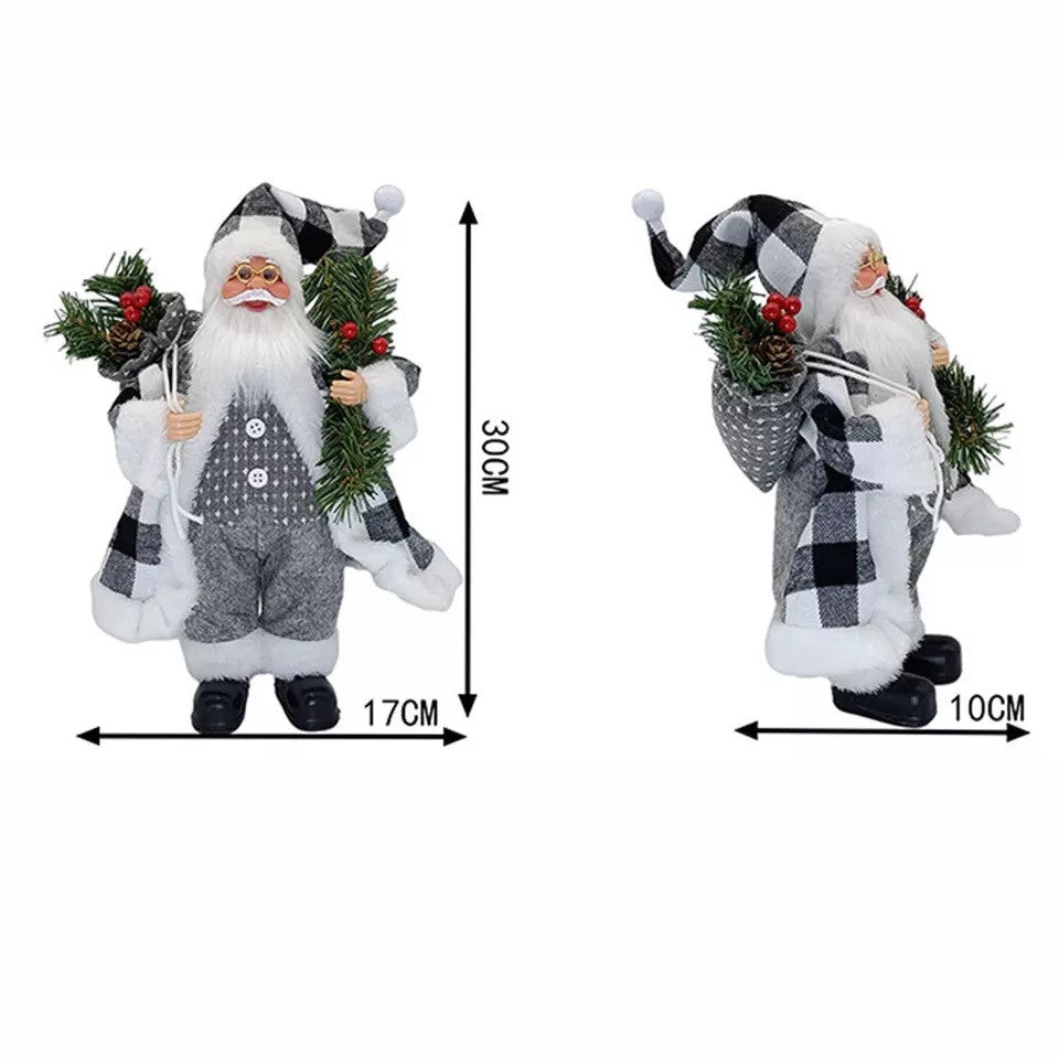 Figurina Decorativa Craciun, Mos Craciun cu Crenguta de Brad, 30 x 10 x 17 cm, Material Plastic+Textil, Interior/Exterior, Alb/Gri