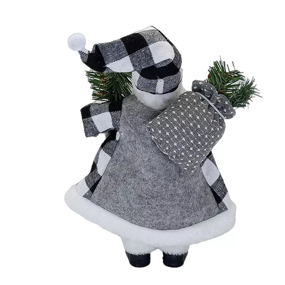 Figurina Decorativa Craciun, Mos Craciun cu Crenguta de Brad, 30 x 10 x 17 cm, Material Plastic+Textil, Interior/Exterior, Alb/Gri