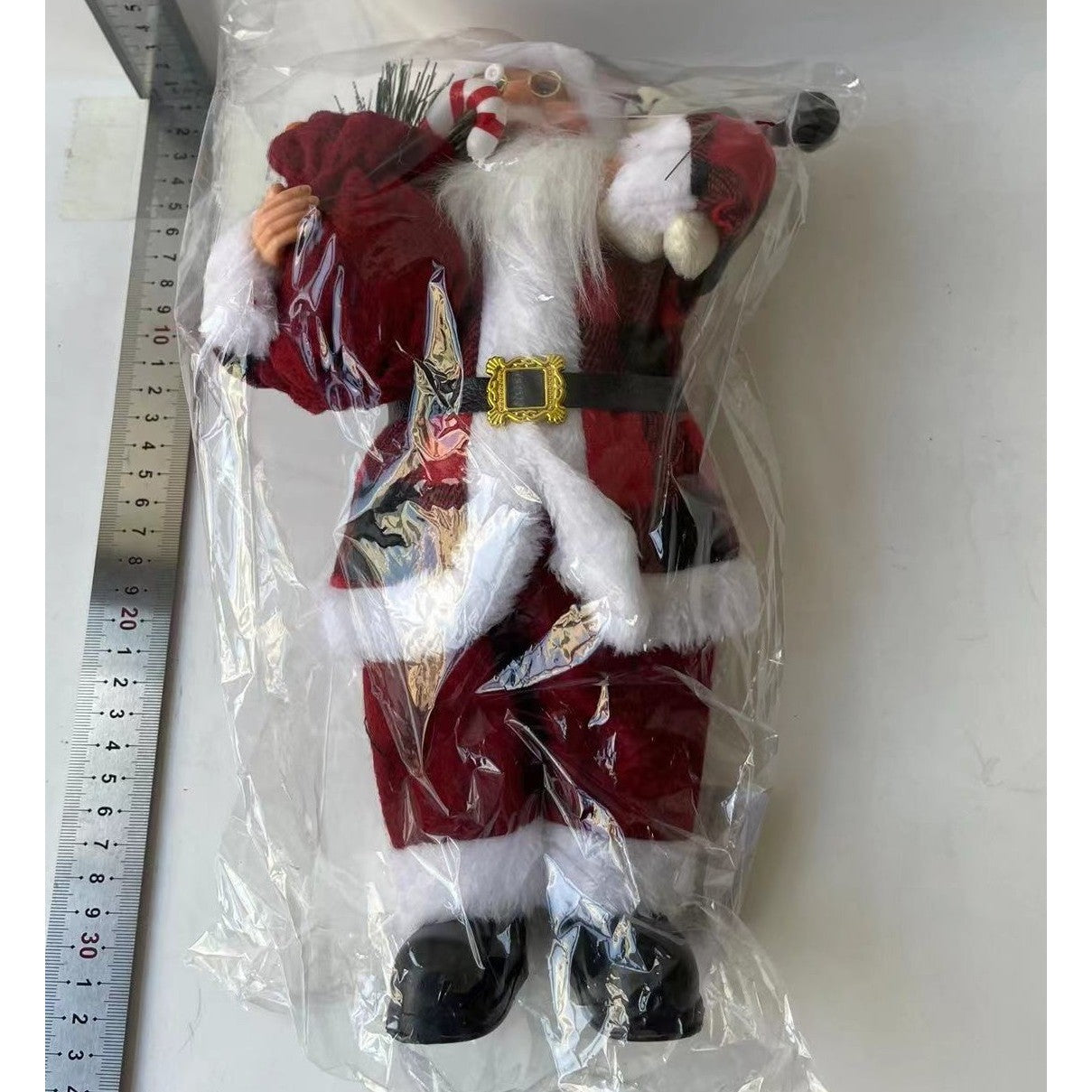 Figurina Decorativa Craciun, Mos Craciun cu Urs de Plus, 30 x 10 x 17 cm, Material Plastic+Textil, Interior/Exterior, Alb/Rosu