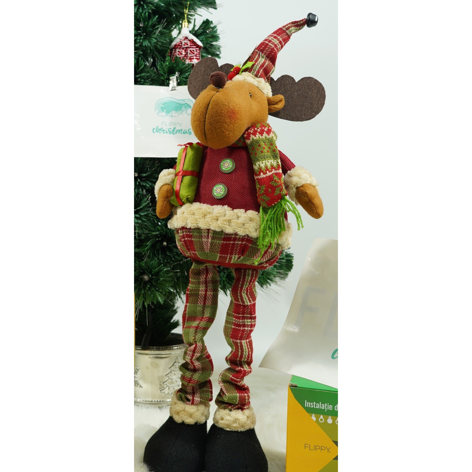 Jucarie decorativa, Ren, inaltime 48 cm, cu extensie pana la 68 cm, latime 24 cm, lana, tesatura de plus, poliester, interior/exterior
