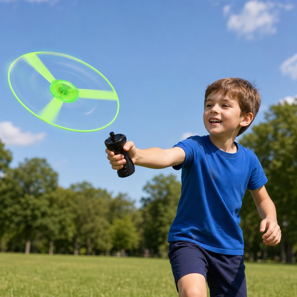Jucarie Disc Zburator, Distractiv pentru Copii, Aruncator Manual din Plastic, cu Lumini, Verde