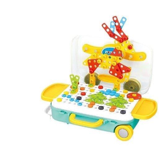 Jucarie educativa pentru copii, Set 258 piese, 6 in 1, Valiza cu bormasina, Multicolor