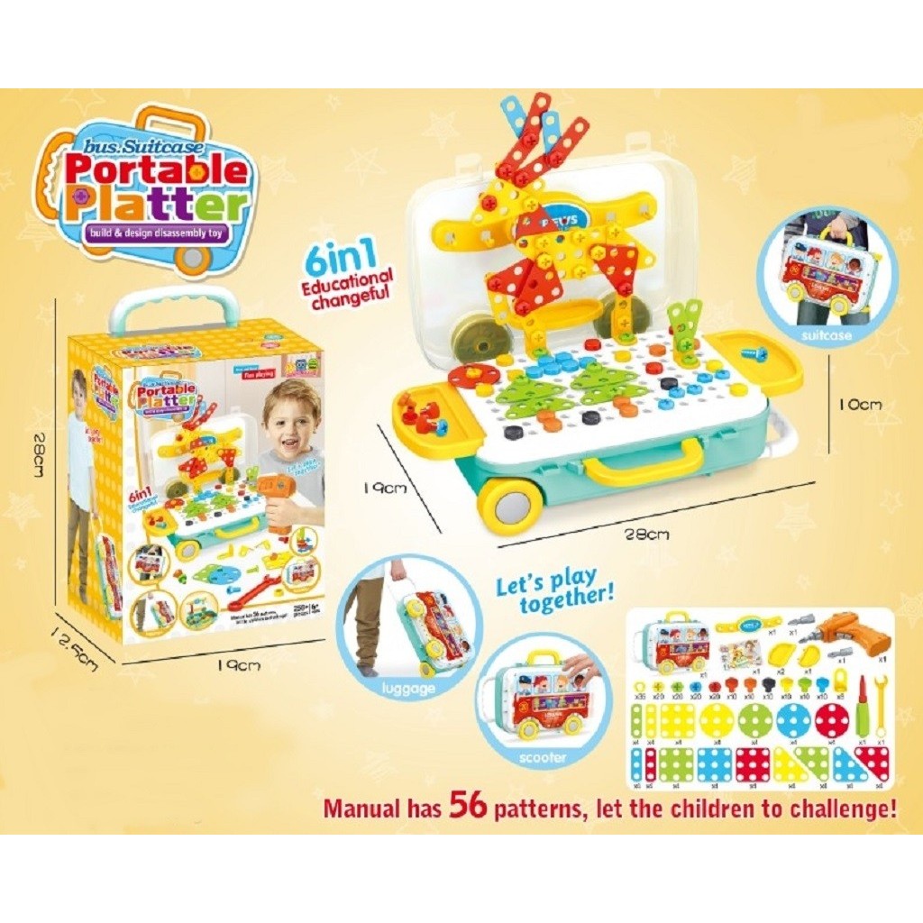 Jucarie educativa pentru copii, Set 258 piese, 6 in 1, Valiza cu bormasina, Multicolor